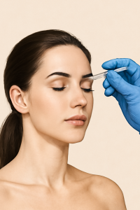 A imagem mostra uma mulher com pele clara e cabelo castanho claro, recebendo um tratamento estético na região da testa. Seus olhos estão suavemente fechados, transmitindo uma expressão calma e relaxada. Ela está sendo atendida por um profissional usando luvas azuis, que administra uma injeção na área entre as sobrancelhas. A iluminação suave destaca os contornos delicados de seu rosto, com um fundo de tom neutro, criando uma atmosfera tranquila e profissional. O foco principal está na técnica do procedimento, com um destaque para a seringa sendo aplicada de forma cuidadosa.